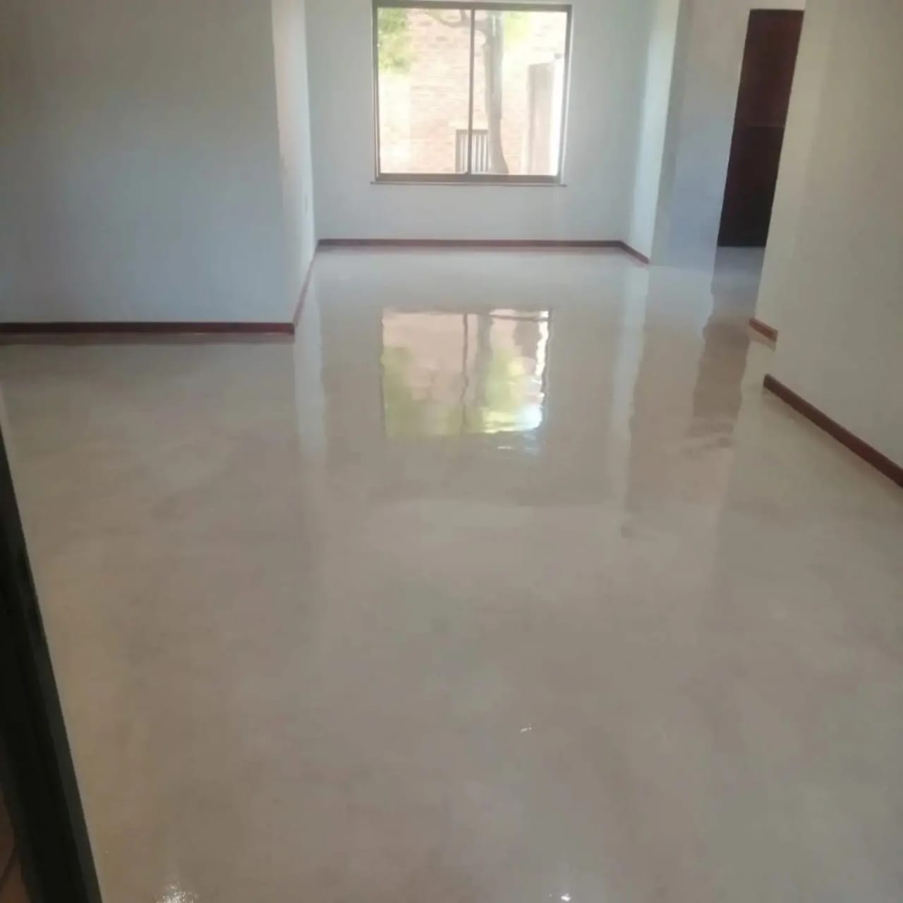 Freshly sealed light-toned screed floor reflecting a garden window in an empty living room